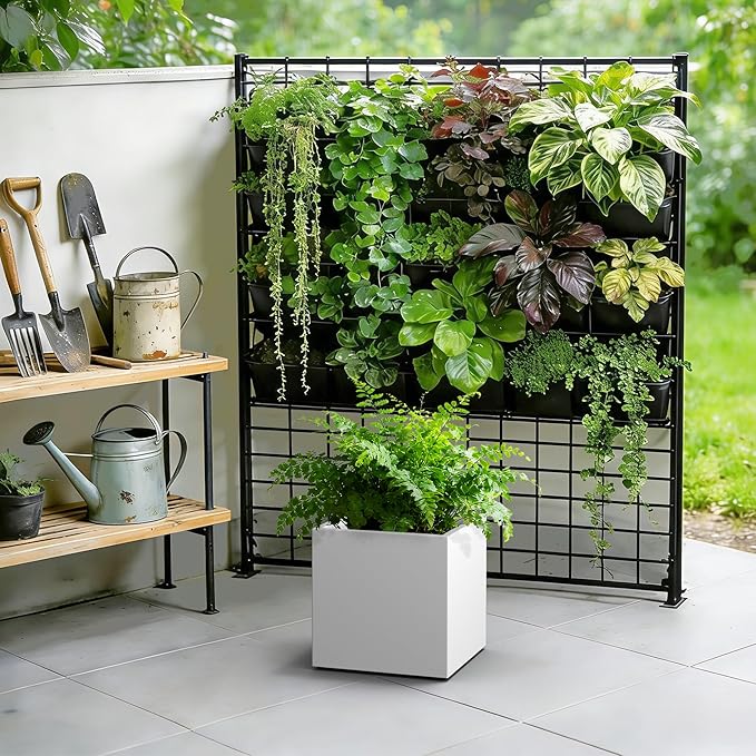 Kante 12 Inch Square Concrete Planter for Outdoor Indoor Home Patio Garden, Large Plant Pot with Drainage Hole and Rubber Plug, Pure White