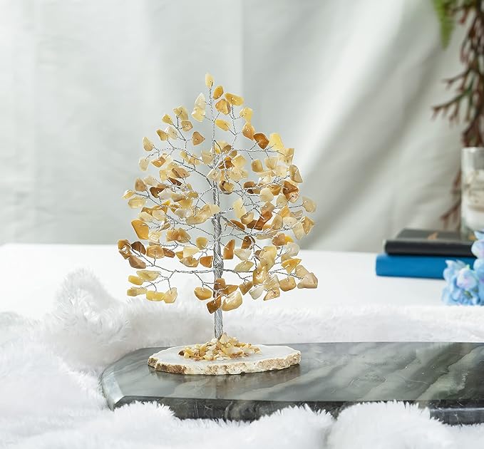 Crocon Yellow Aventurine Gemstone Money Tree Agate Slice Base Feng Shui Figurine Reiki Healing Crystals Chakra Balancing Good Luck Ornament Sculpture Mystical Home Decoration Size: 7"" """
