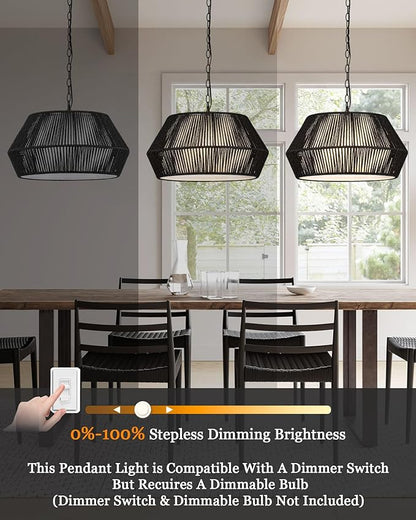 ELYONA 20" Modern Chandeliers for Dining Room, 4-Lights Large Rattan Chandelier Light Fixture with Fabric Shade Adjustable Boho Woven Hanging Pendant Light for Kitchen Island Living Room Bedroom Black