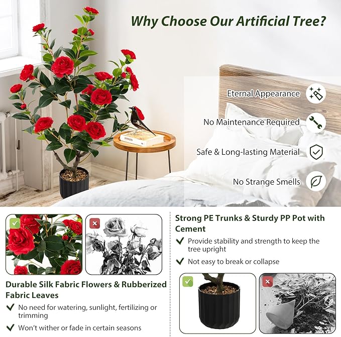 Goplus 38’’ Artificial Camellia Tree, Flower Plants Artificial Tree, Faux Floral Plant Blooming Tree in Cement Pot, Greenery Potted Plant for Indoor Outdoor Office Home Porch Decor