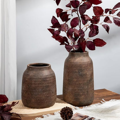 Briful 11in Rustic Ceramic Vase, Brown Vintage Flowers Vase, Extra-Large Rustic Farmhouse Vase, Whitewashed Terra Cotta Vase, Antique Pottery Pampas Vase for Home Living Room Kitchen Mantel Decor