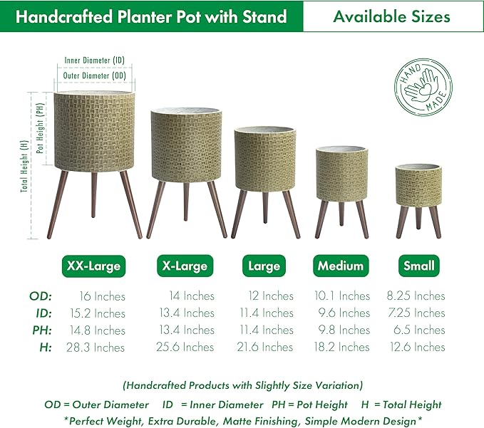 D'vine Dev 16 Inch Modern Geometric Tile Patterned Sleek Planter Pot with Stand, Indoor Outdoor Decorative Plant Holder, Distressed Olive, 88-Z-E-4