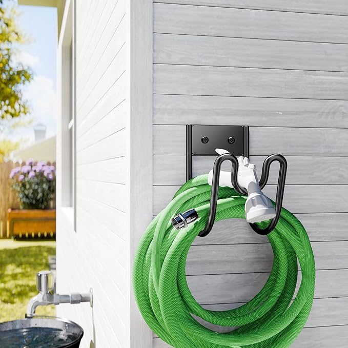 Black Metal Garden Hose Holder - Wall Mounted Water Hose Holder - Hose Hanger Heavy Duty for Water Hose Extension Cords Vacuum Hose (1 Pack)
