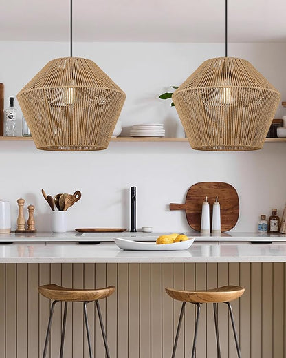ELYONA 16.5” Large Woven Pendant Light Modern Boho Chandelier Handwoven Rattan Basket Shade Rustic Pendant Light Fixtures Farmhouse Ceiling Hanging Lamp for Dining Room Kitchen Bedroom Entryway Foyer