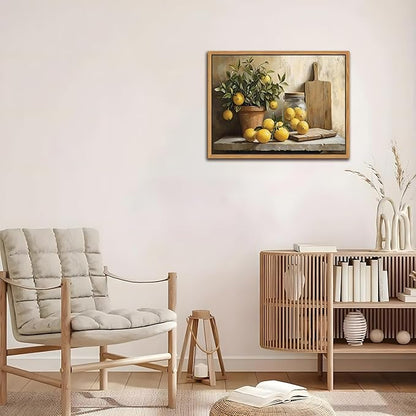Floating Framed Vintage Kitchen Wall Art, Yellow Lemon Still Life Wall Decor Oil Paintings, Rustic Farmhouse Artwork Canvas Posters Prints Pictures for Living Room Bedroom Home Decor 16x24 Inch