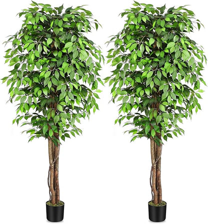 7ft Large Ficus Artificial Trees with Natural Curved Trunks, 84" Tall Lush Faux Tree for Home Decor Indoor, Green Lifelike Fake Ficus Tree Artificial Plants in Pot（Set of 2）