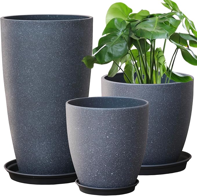 Garden Decorative Planters Plastic Tall Round Flower Pots with Drainage Hole & Saucer Cement Grey Surface Painting Robust & odourless, Modern Plant Pots for Porch Patio and All HousePlants Set of 3