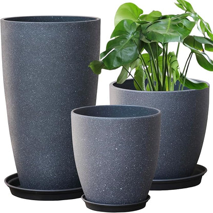 Garden Decorative Planters Plastic Tall Round Flower Pots with Drainage Hole & Saucer Cement Grey Surface Painting Robust & odourless, Modern Plant Pots for Porch Patio and All HousePlants Set of 3