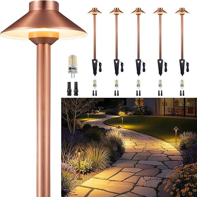 Gardenreet Low Voltage Landscape Lighting Brass, 12v Pathway Lights Waterproof, Hard Wired Path Light Outdoor, Mushroom Copper for Exterior Area Patio House with 3W 270LM 3000K G4 Bulb (6 Pack)