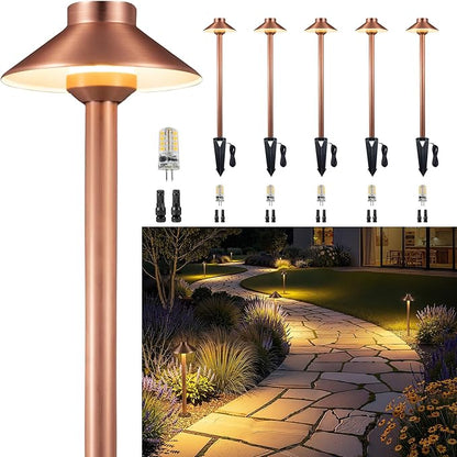 Gardenreet Low Voltage Landscape Lighting Brass, 12v Pathway Lights Waterproof, Hard Wired Path Light Outdoor, Mushroom Copper for Exterior Area Patio House with 3W 270LM 3000K G4 Bulb (6 Pack)