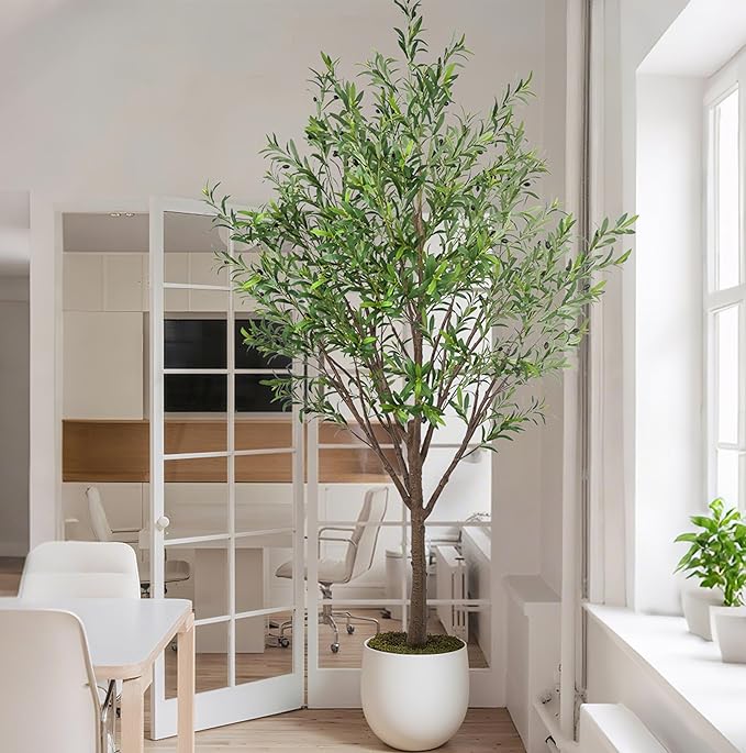 Artificial Olive Tree 8FT with 2253 Leaves Realistic Tall Large Faux Silk Deluxe Plant 96 Inch Black Pot for Indoor Home Office Porch Mall School Hotel Modern Decor Housewarming Gift