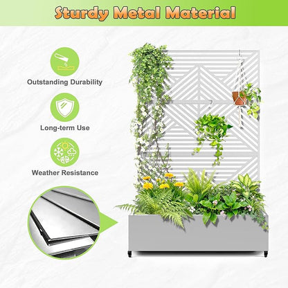 Metal Raised Garden Bed with Trellis, 2-in-1 Planter Box & Privacy Screen for Climbing Plants, Outdoor Standing Flower Bed with Drainage Holes, 47.2" L x 16.7" W x 70.8" H, White-Zodiac