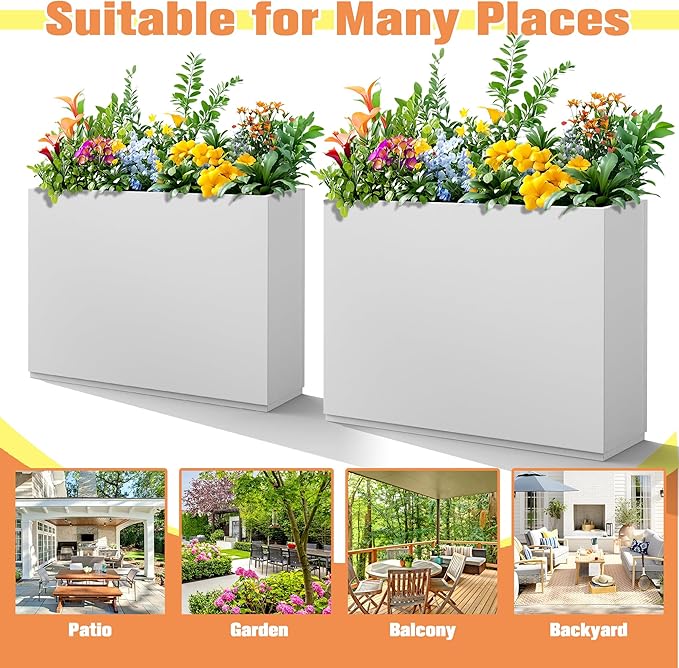Rectangle Planter for Indoor & Outdoor, Tall and Long Planter Boxes with Drainage Holes, Mental Divider Planter Box All-Weather Use for Plants, Flowers, 35" L x 9" W x 26" H, White