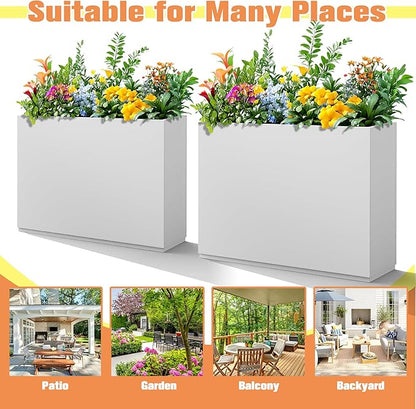 Rectangle Planter for Indoor & Outdoor, Tall and Long Planter Boxes with Drainage Holes, Mental Divider Planter Box All-Weather Use for Plants, Flowers, 35" L x 9" W x 26" H, White