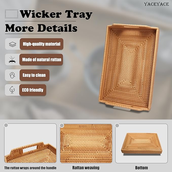Rattan Tray, YACEYACE Woven Tray with Handles Bulk, Rectangular Small Rattan Serving Trays for Home, Ottoman, Coffee Table, 13.3" H x 9.4" L x 1.6" W