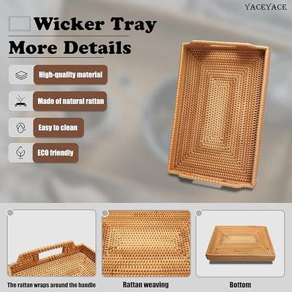 Rattan Tray, YACEYACE Woven Tray with Handles Bulk, Rectangular Small Rattan Serving Trays for Home, Ottoman, Coffee Table, 13.3" H x 9.4" L x 1.6" W