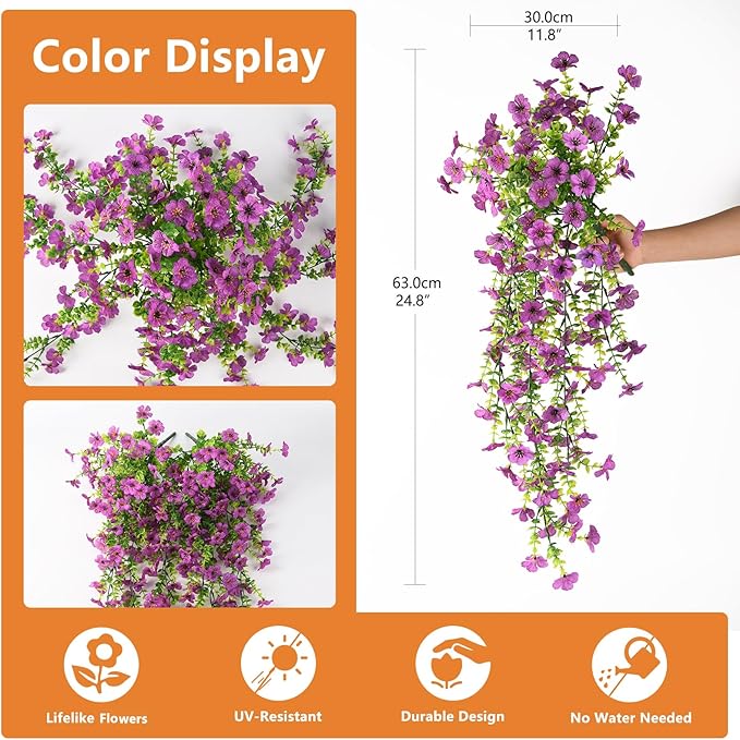 Fake Artificial Hanging Flowers for Outdoors, 2 Pcs Artificial Hanging Plants Spring Summer Decor, UV Resistant No Fade Faux Silk Daisy Flower for Planter Front Door Porch Patio Yard Garden(Purple)