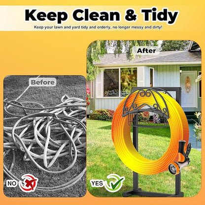 Garden Hose Holder, 4 Spikes Freestanding Water Hose Holder Reels, Heavy Duty Detachable Hose Stand with Storage Basket for Outside Yard Lawn (B-4 Spikes)