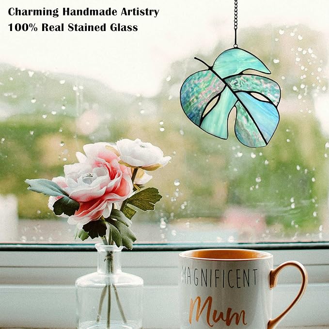 Handmade Monstera Leaf Stained Glass Window Hangings Suncatcher, Tiffany Style Stained Glass Monstera Leaf Gifts for Women Mom Teacher,Wedding Birthday Christmas Celebration Gift
