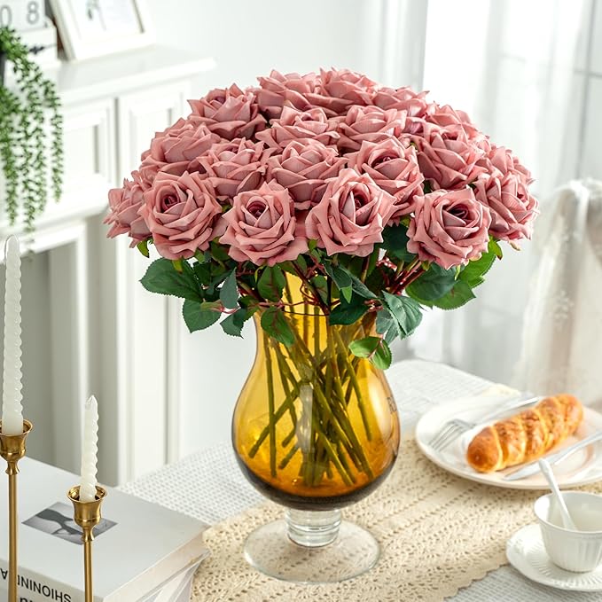 Fake Roses Faux Flowers Silk Roses 16.5In Artificial Roses with Stems Realistic Artificial Flowers Suitable for Indoor Home Decor DIY Bouquet Wedding Decor Party Decor 24PCS (Pink Purple)