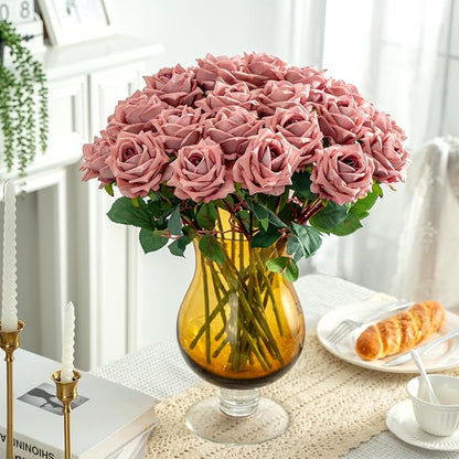 Fake Roses Faux Flowers Silk Roses 16.5In Artificial Roses with Stems Realistic Artificial Flowers Suitable for Indoor Home Decor DIY Bouquet Wedding Decor Party Decor 24PCS (Pink Purple)