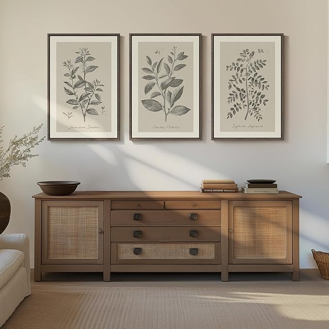 Large Framed Botanical Wall Art for Living Room, 3 Piece Neutral Plant Canvas Painting Prints Artwork for Walls, Vintage Floral illustration Pictures for Farmhouse Bedroom Kitchen Wall Decor, 20x30