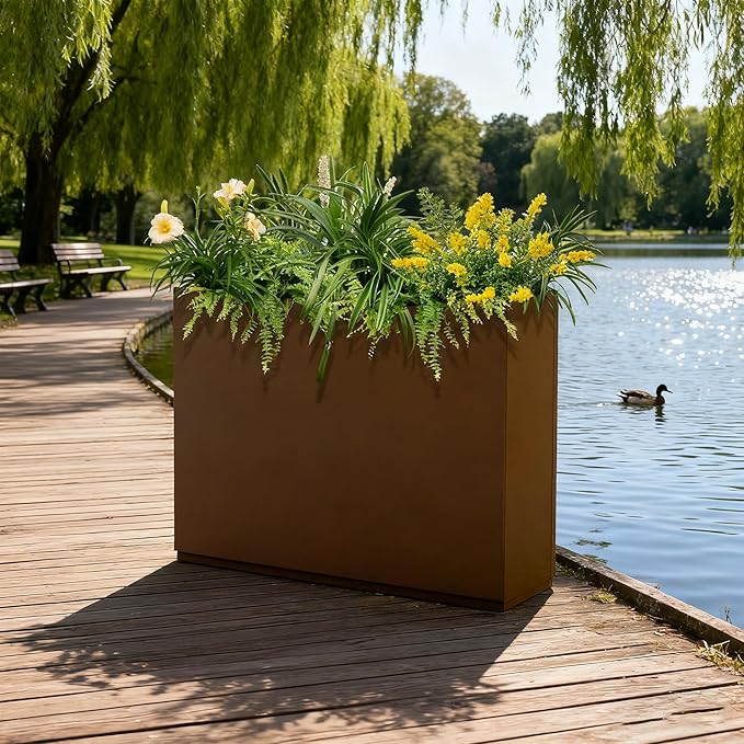 Metal Rectangular Planter Box for Outdoor Plants, Flowers, Tall & Long Planters with Drainage Holes, All-Weather Use (35" L x 9" W x 26" H, Brown)