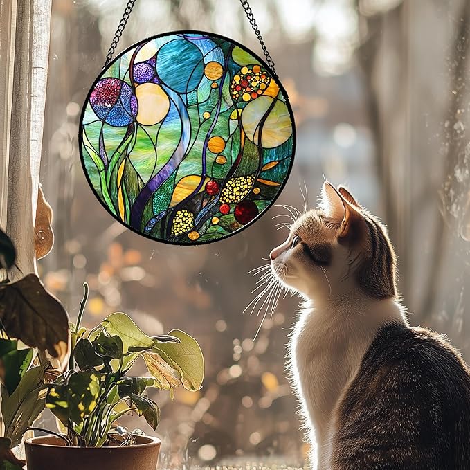 Stained Glass Window Hanging Blue Ocean Water Plants Flower Large 11.8" - Suncatcher Door Garden Sun Catcher Home Decor Birthday Christmas for Mom Men Woman Nana Friend