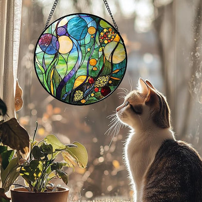 Stained Glass Window Hanging Blue Ocean Water Plants Flower Large 11.8" - Suncatcher Door Garden Sun Catcher Home Decor Birthday Christmas for Mom Men Woman Nana Friend