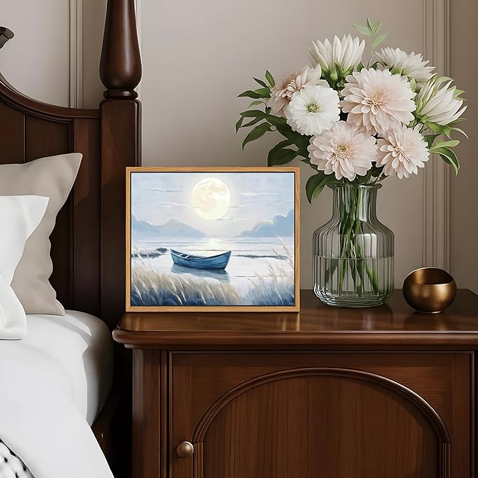 Floating Framed Coastal Bathroom Wall Art, Blue Beach Nautical Ocean Nature Canvas Picture, Blue Boat Moon Lake Mountain Sea Poster Print Painting, for Modern Home Bedroom Wall Decor 8x10 inch