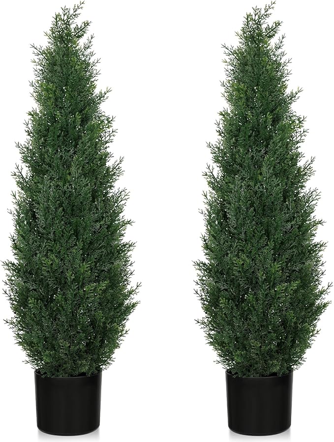3FT Artificial Cedar Topiary Trees for Outdoors, UV Resistant Fake Cypress Shrubs, Potted Faux Evergreen Outdoor Faux Plants, Artificial Plants Outdoor for Front Porch, Home Decor (Set of 2)