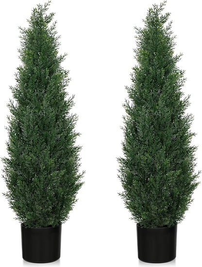 3FT Artificial Cedar Topiary Trees for Outdoors, UV Resistant Fake Cypress Shrubs, Potted Faux Evergreen Outdoor Faux Plants, Artificial Plants Outdoor for Front Porch, Home Decor (Set of 2)