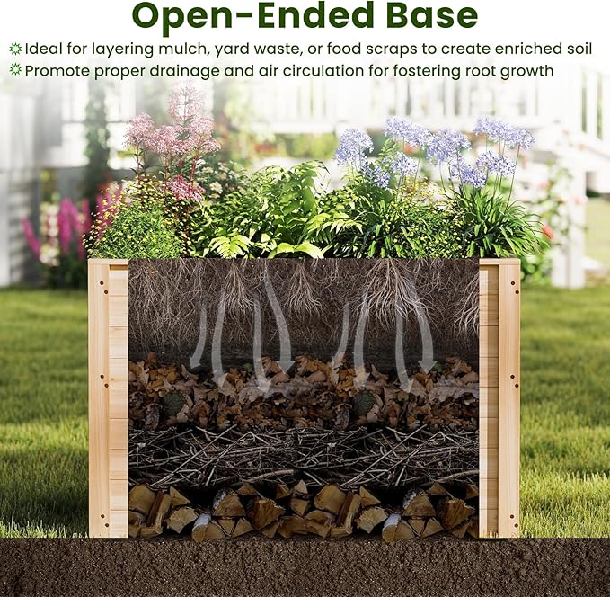 Giantex Wood Raised Garden Bed, 40"x25"x26" Elevated Planter Box w/Open-Ended Base for Deep-Rooted Plant Vegetable Fruit Flower, Outdoor Solid Wood Planter for Patio Backyard (1,40"x25"x26")