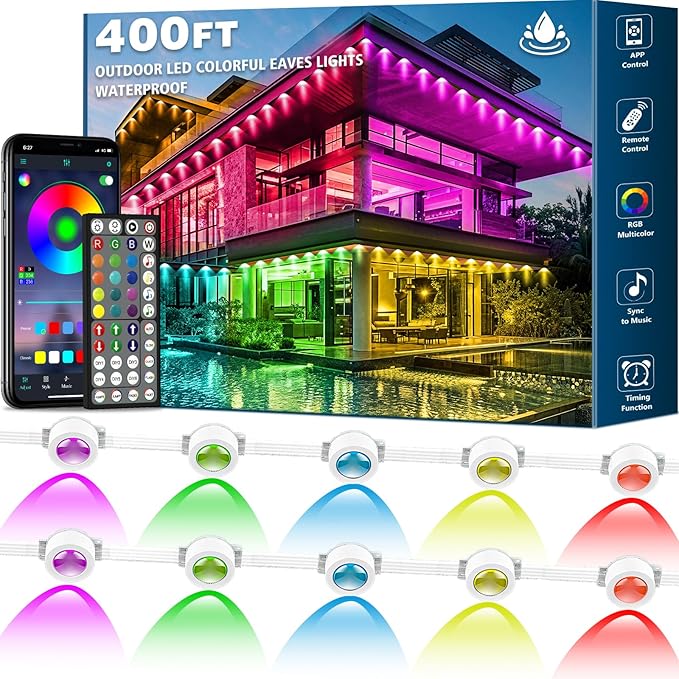 SINLEY 400FT Permanent Outdoor RGB Lights,Waterproof Smart LED Eaves Lights with App/Remote Control,for Christmas and All Holiday Decor,Daily and Accent Lighting,House Roof and Garden Lighting