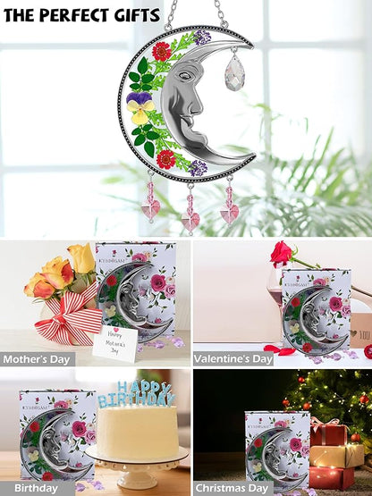 KY&BOSAM Moon Suncatchers Crystal Sun Face Gifts for Mom Family Friends Stained Glass for Windows Wind Chimes Real Flower Colorful Crystal Outdoor for Garden Indoor Home Trees Patio Yard Porch Decor
