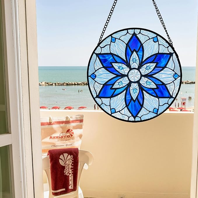 Stained Glass Window Hanging, Blue Tiffany Style Flowers Sun Catcher for Window Door Home Decor Suncatcher Christmas Mother's Day Birthday Gifts for Women Men Mom and Nana 15 in