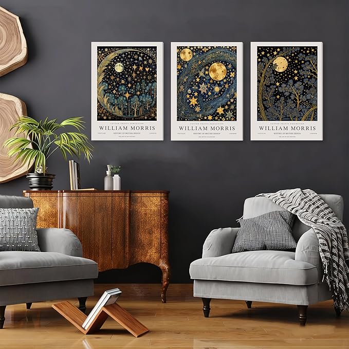 WRFON William Morris Canvas Wall Art, Vintage Gold Moon Wall Decor, Dreamlike Stars Poster Prints, Retro Botanical Aesthetic Pictures for Bedroom Living Room Office Framed Ready to Hang 12"x16"x3