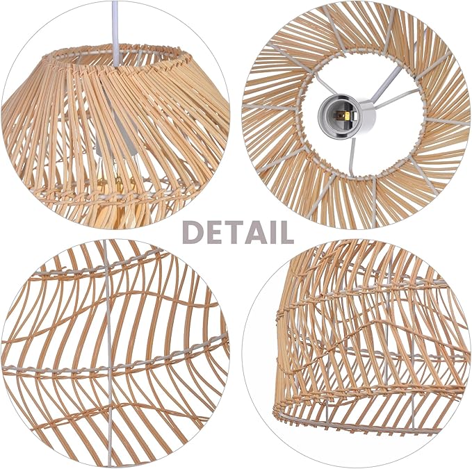 Arturesthome Rattan Pendant Light Fixture, Wicker Chandelier Boho Basket Ceiling Lighting, Large Natural Woven Hanging Lamp for Kitchen Island Sink