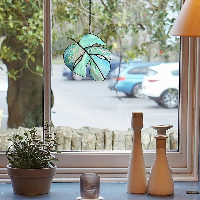 Handmade Monstera Leaf Stained Glass Window Hangings Suncatcher, Tiffany Style Stained Glass Monstera Leaf Gifts for Women Mom Teacher,Wedding Birthday Christmas Celebration Gift