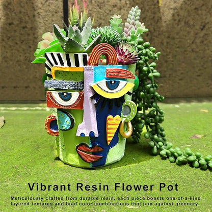 5.9" High Handcrafted Abstract Face Planter with Drain Hole - Vibrant Resin Flower Pot for Indoor Outdoor Decor