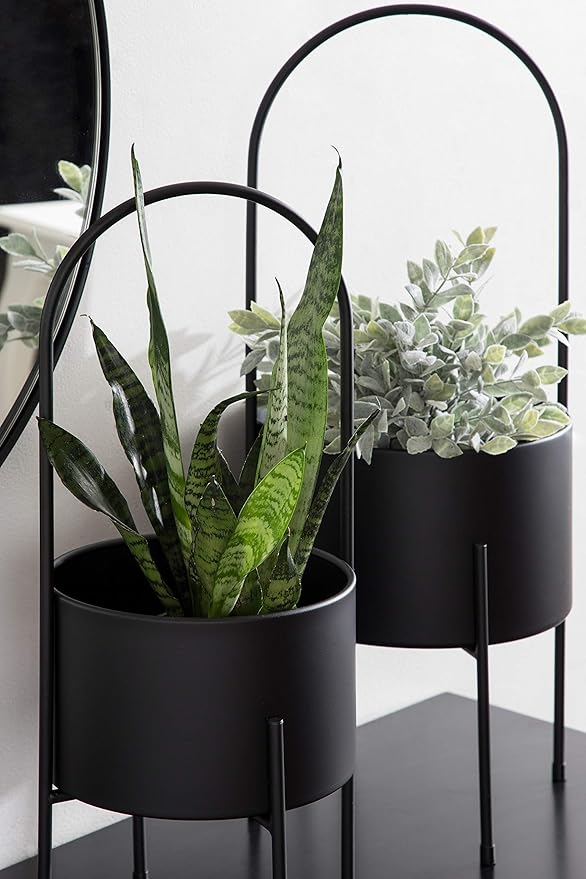 Kate and Laurel Peeto Modern Planter Set, Set of 2, Black, Decorative Freestanding Planters for Indoor Plants
