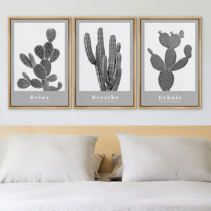 Ashbrook Framed Wall Art Print Set Black & White Grayscale Desert Succulents Nature Wilderness Photography Modern Art Boho Scenic Dramatic for Living Room, Bedroom, Office - 16"x24"x3 Natural