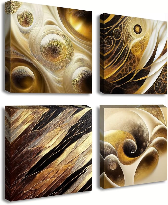 BLINFEIRU Modern Gold Abstract Canvas Wall Art Black and Gold Wall Decor for Living Room Bedroom Abstract Painting Pictures Home Office Artwork Framed Ready to Hang 12x12 Inch