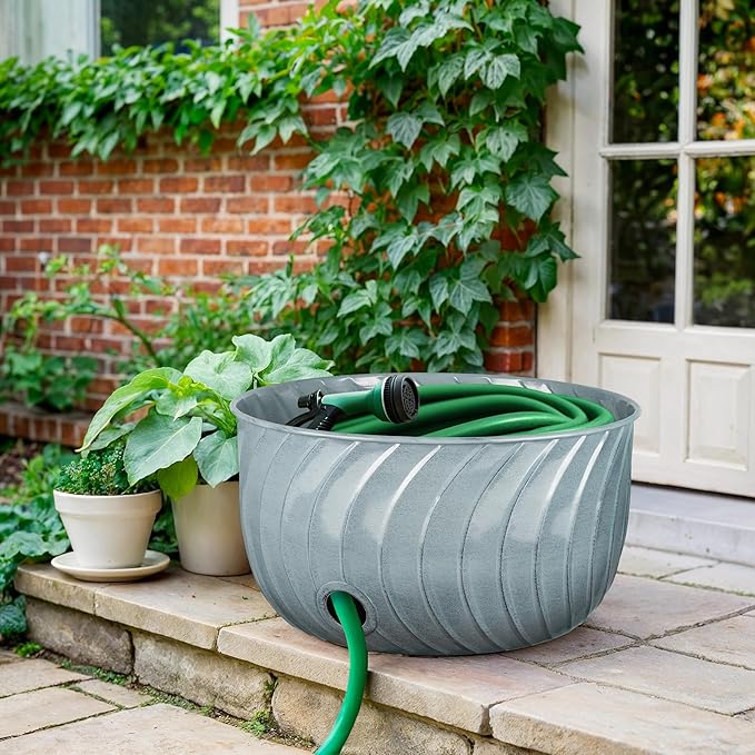 Monarch Abode Garden Hose Holder with Lid – Decorative Water Hose Holders for Outside, Wave Embossed Metal Patina Pot with Drainage, 100ft Waterhose Holder for Outside, Garden Storage Caddy
