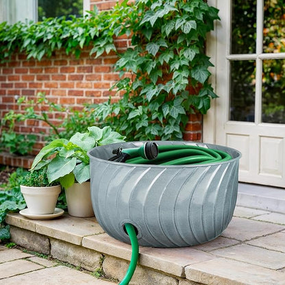 Monarch Abode Garden Hose Holder with Lid – Decorative Water Hose Holders for Outside, Wave Embossed Metal Patina Pot with Drainage, 100ft Waterhose Holder for Outside, Garden Storage Caddy