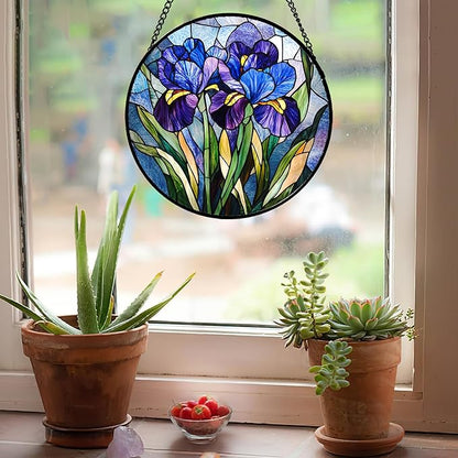 Stained Glass Window Hanging - Blue Purple Iris Flower Suncatcher for Door Garden Patio Sun Catchers Decor Christmas Mother's Day Birthday Gifts for Women Men Mom Nana Aunt Friend 7.8 in
