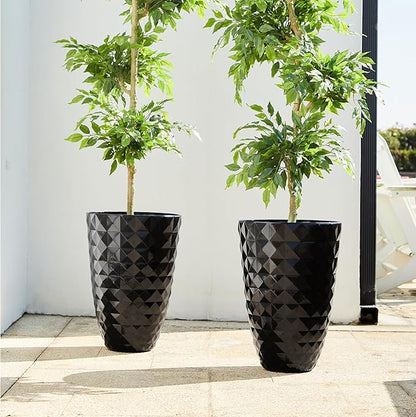 Glitzhome 19.75" H Large Tall Planters for Outdoor, Set of 2 Tall Black Planter with Drainage Holes, Faux Ceramic Diamond Textured Oversized Planters, Decorative Flower Pots for Porch Indoor Garden