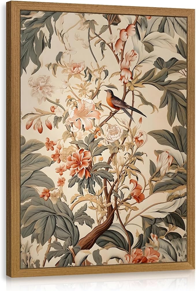CAZLOUC Vintage Neutral Botanical Wall Art, Retro Beige Green Wall Decor, Garden Bird Floral Canvas Artwork, Classic Botanical Nature Poster Print for Living Room Bedroom Wood Framed 12x16 Inch