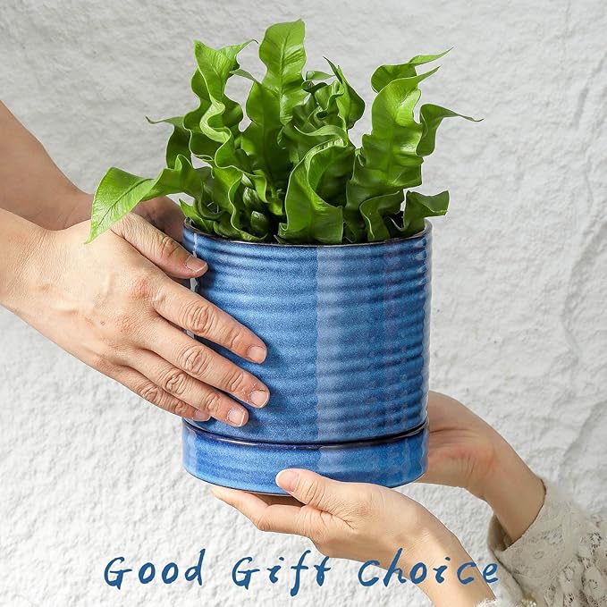 HASENSE Ceramic Plant Pots Indoor Outdoor, 6 Inch Pot for Plants with Drainage Hole and Saucer, Blue Modern Planter for Housewarming