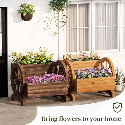 Garden Planter with Wheels, Wooden Wagon Box, Decorative Planter for Flowers Herbs Vegetables for Indoor & Outdoor Décor Flower Cart for Patio Garden Balcony (Brown)